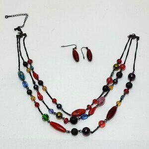 Avon Trio Chain Necklace Dangle Earrings Multicolor Art Glass Beads Boho Hippie
